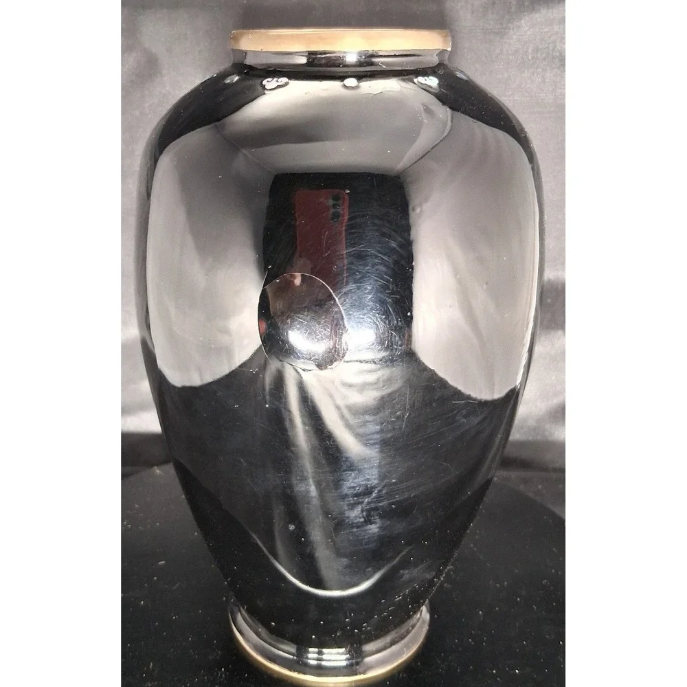 Vintage Brass, Black Enamel Mother of Pearl Inlay Peacock Vase Brass Trim 7.25in